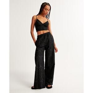 Abercrombie & Fitch Textured Cutwork Cotton Wide Leg Pull-On Pants Black Size XL